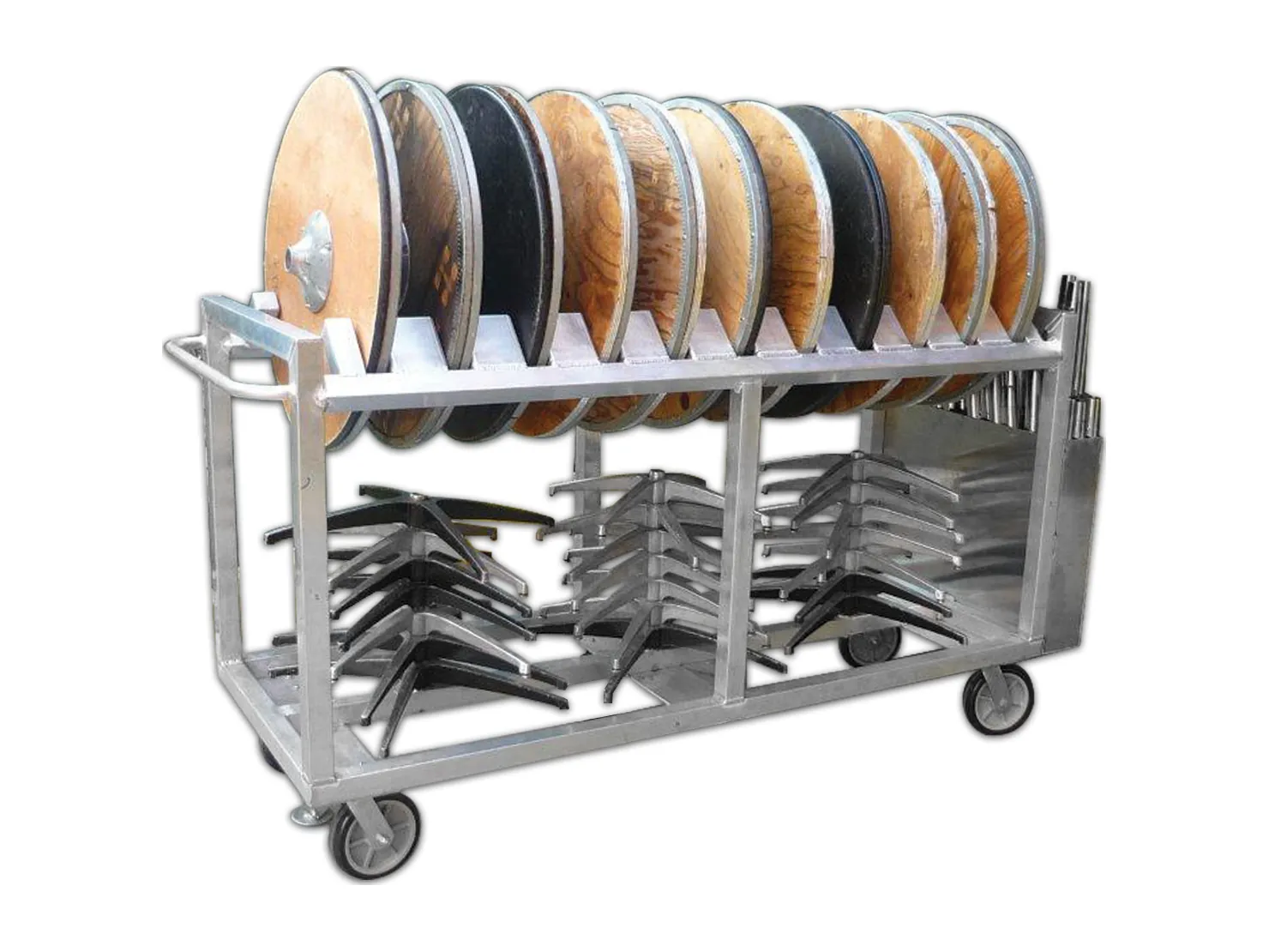 Cocktail table cart carrying round table tops with bases stored below