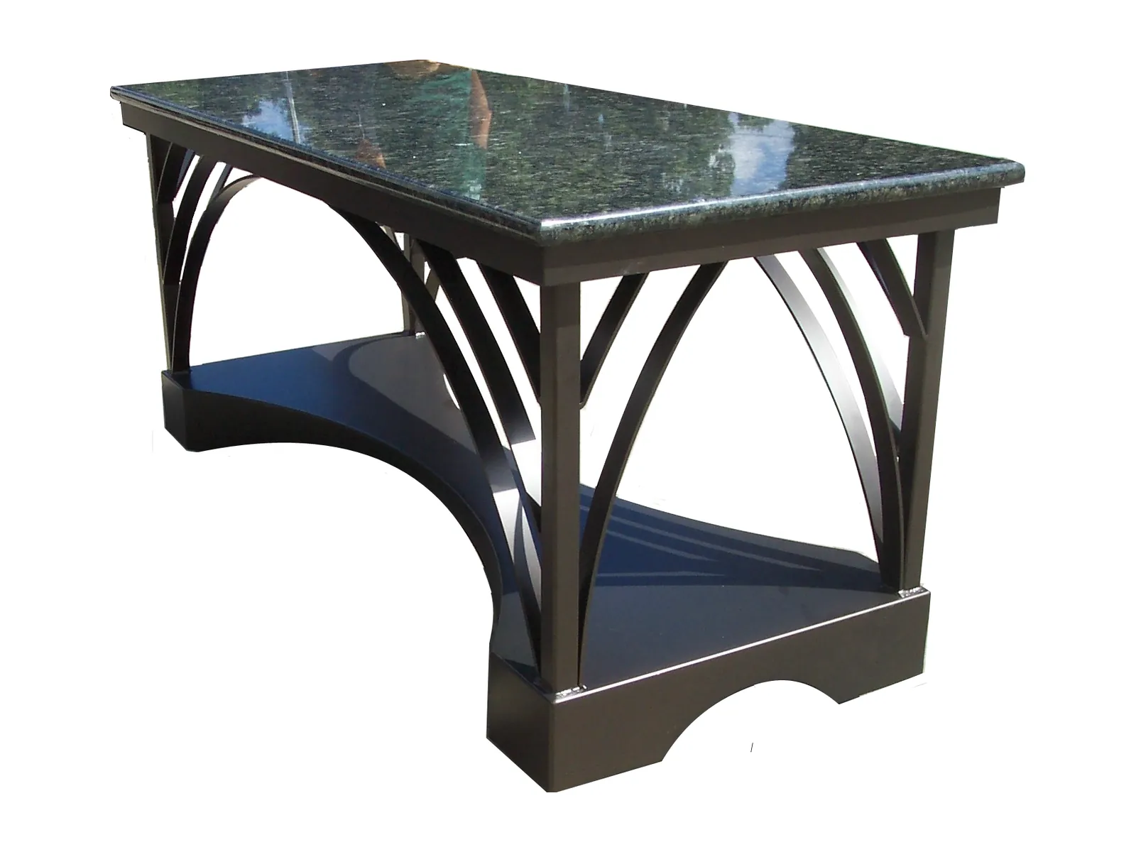 Custom mobile banquet table Custom mobile banquet table with sweeping arched legs and green granite top