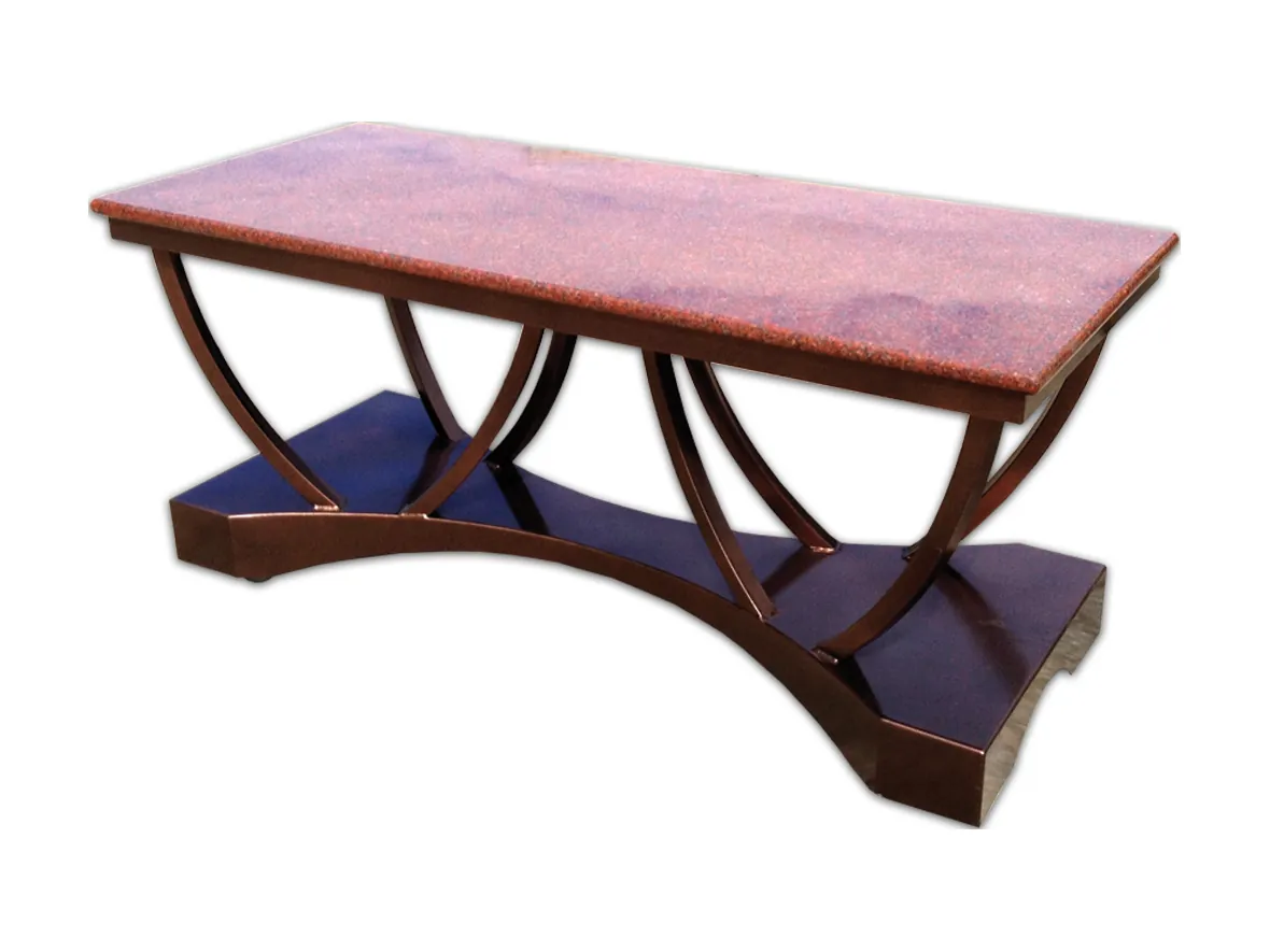 Mobile coffee break table Mobile coffee break table with curved dark base and red granite top