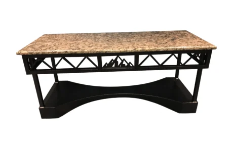 Custom coffee break table Custom coffee break table with laser-cut mountain motif in the truss and granite top