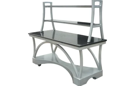 Silver single-arch coffee break table Silver single-arch coffee break table with black galaxy granite top and riser