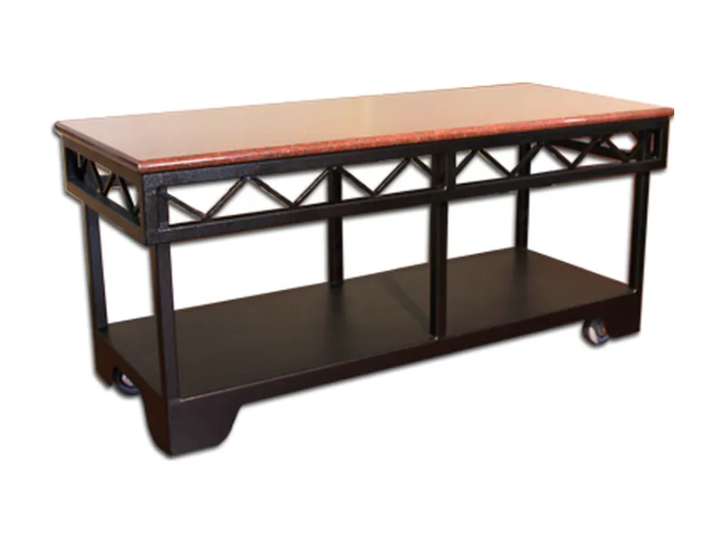 Mobile coffee break table Mobile coffee break table with truss-style aluminum frame and granite top