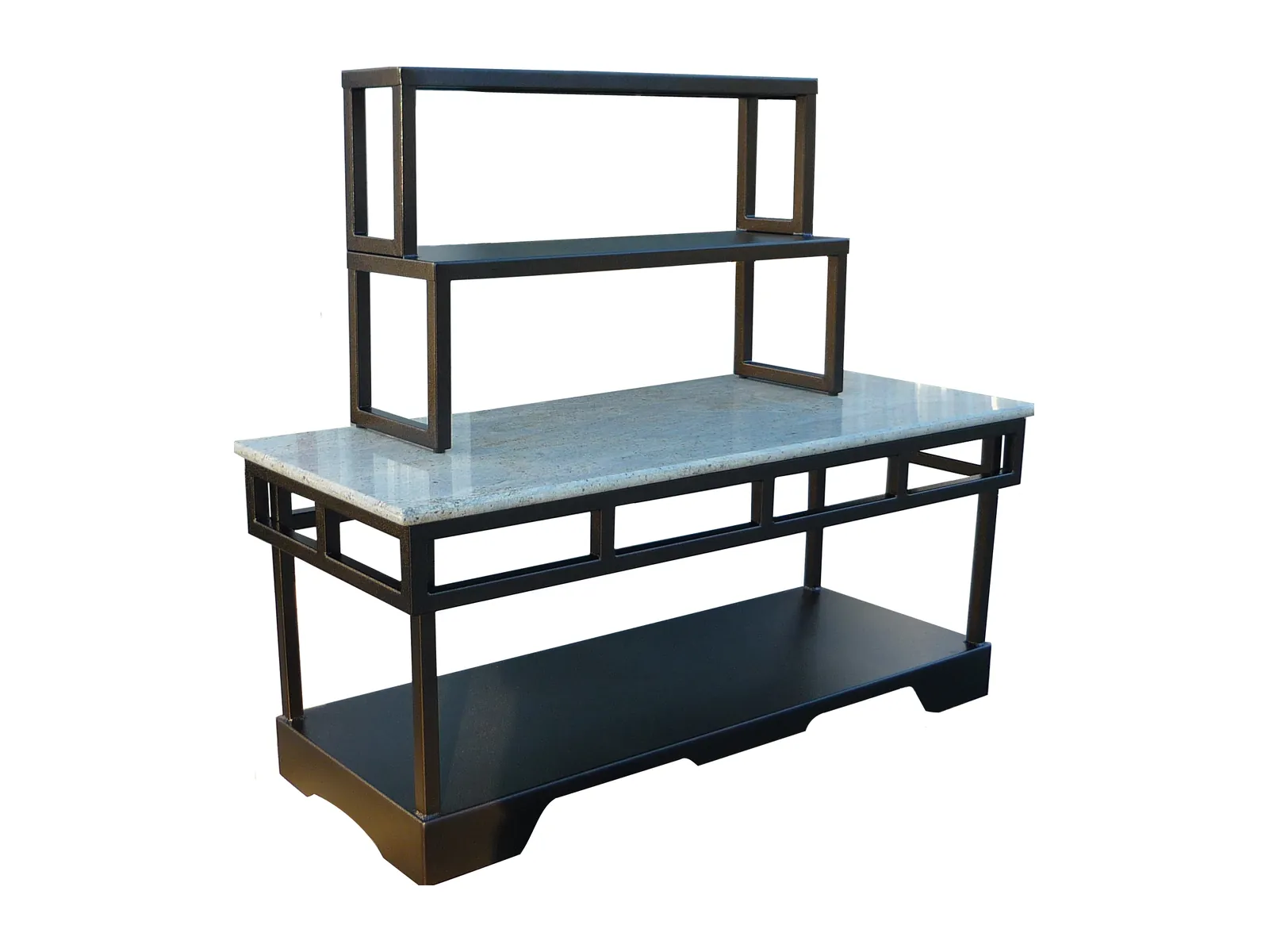 Black coffee break table Black coffee break table with glass top and two-tier riser