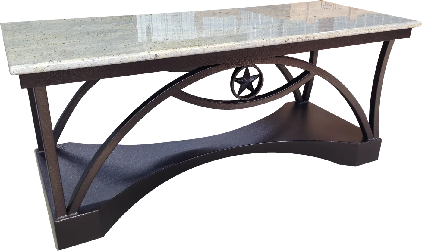 Custom coffee break table with arched base featuring a laser-cut star emblem