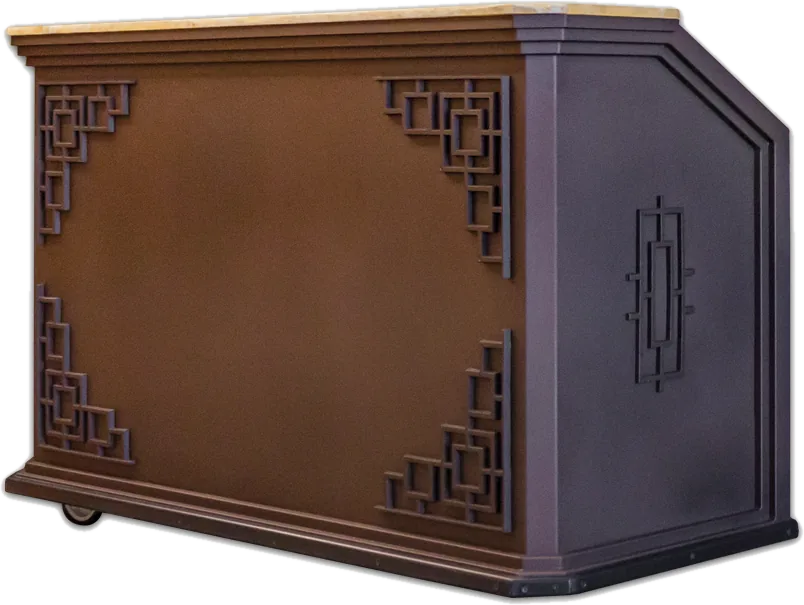Mobile bar with powder-coated aluminum body and decorative fretwork corner panels