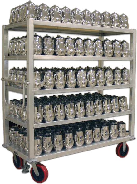 Queen Mary five-shelf transport cart loaded with glass racks