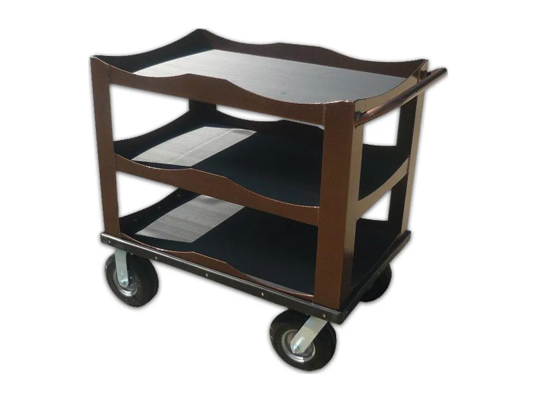 Decorative utility cart with bronze powder-coat finish and black matting