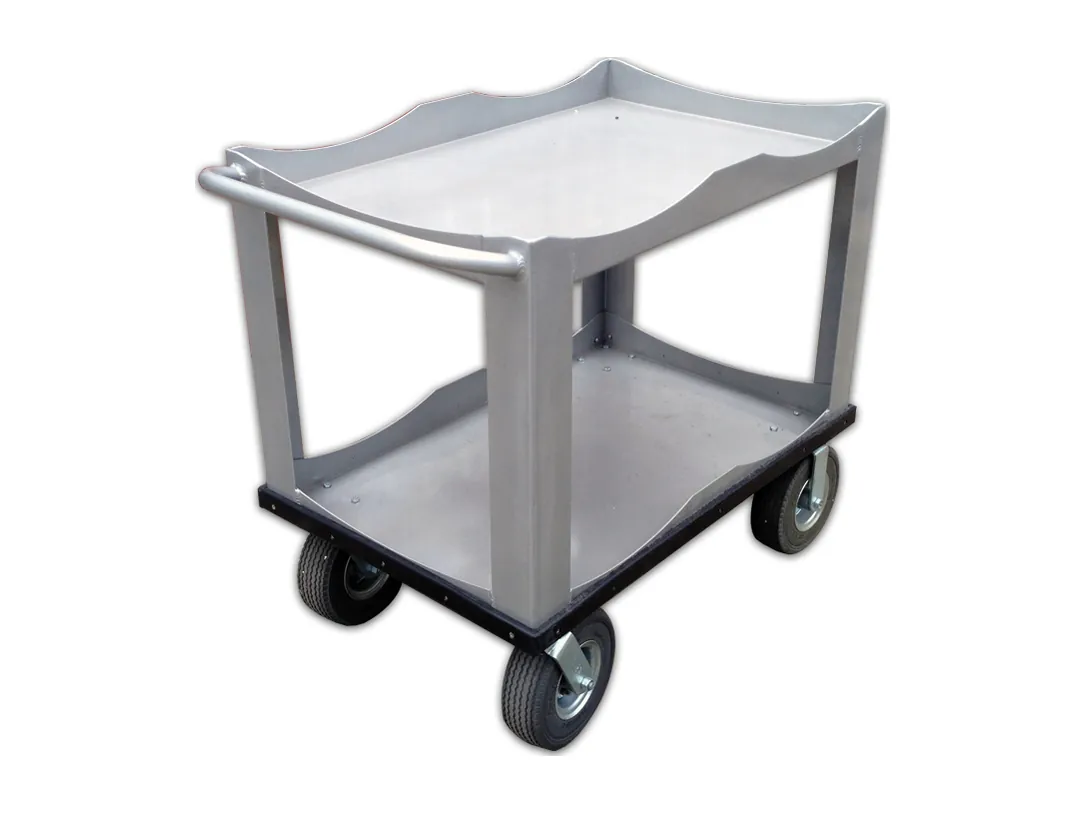 Decorative all-welded aluminum utility cart Decorative all-welded aluminum utility cart with scalloped shelves