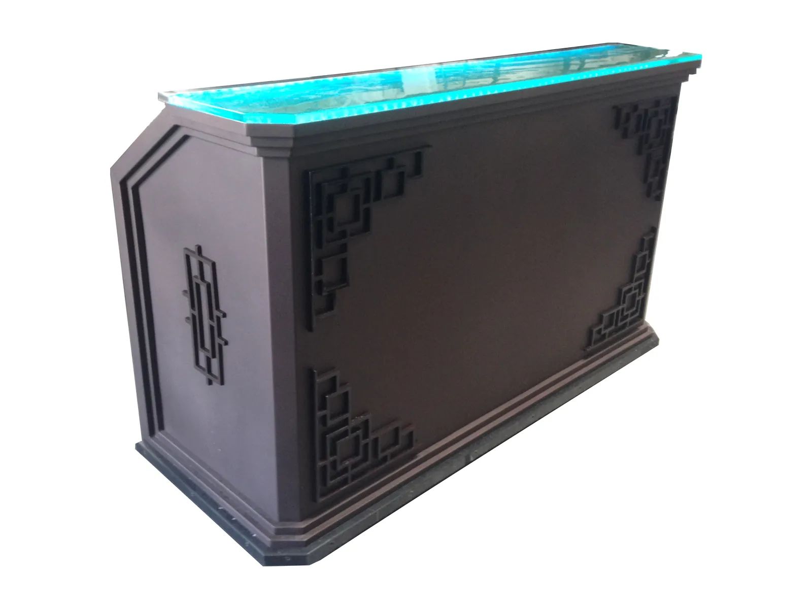 Mobile bar with frosted glass top lit by LEDs and decorative fretwork corner panels