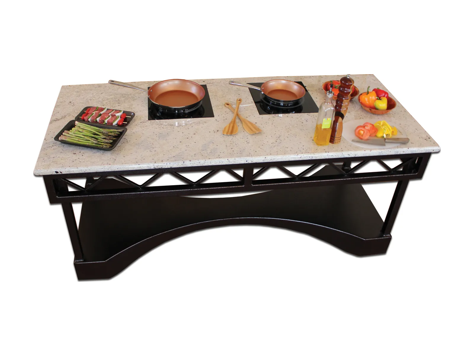 Granite-top mobile table with flush-mounted induction burners set for a cooking demonstration