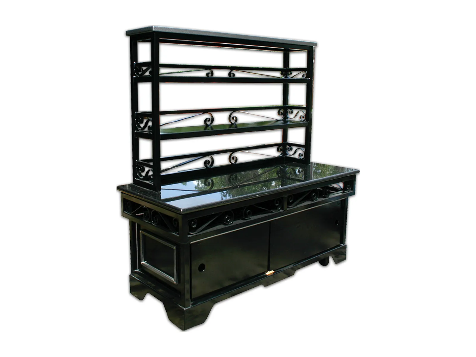 Black mobile back bar with lower cabinet and removable shelving riser