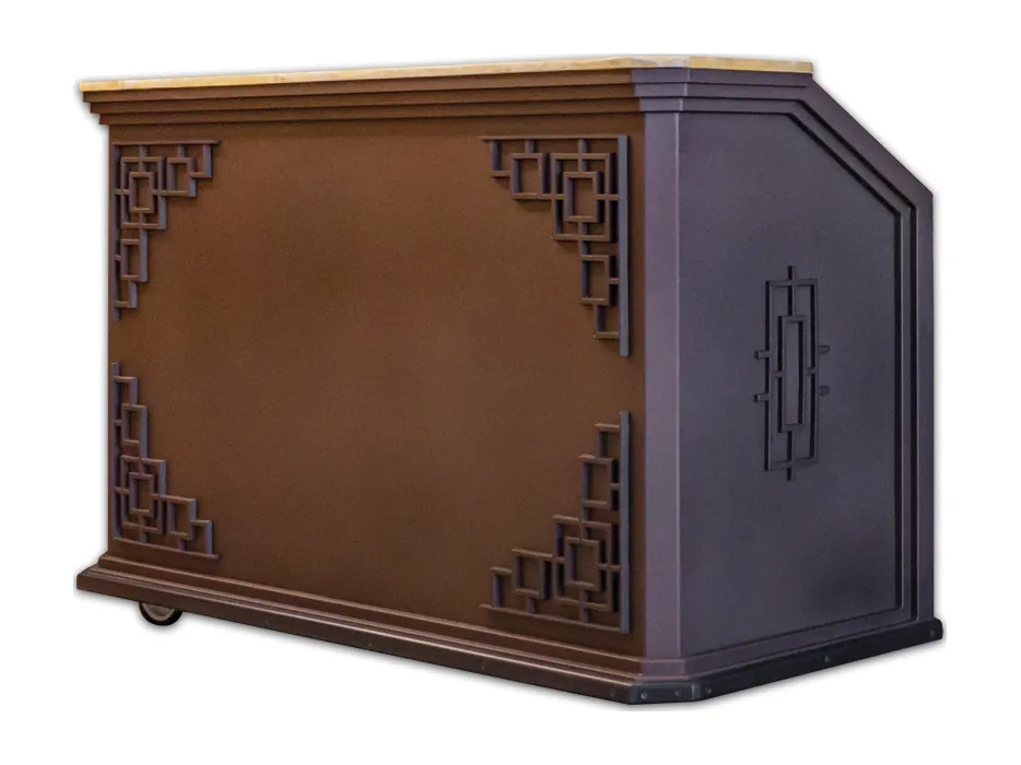 Mobile bar with powder-coated aluminum body and decorative fretwork corner panels