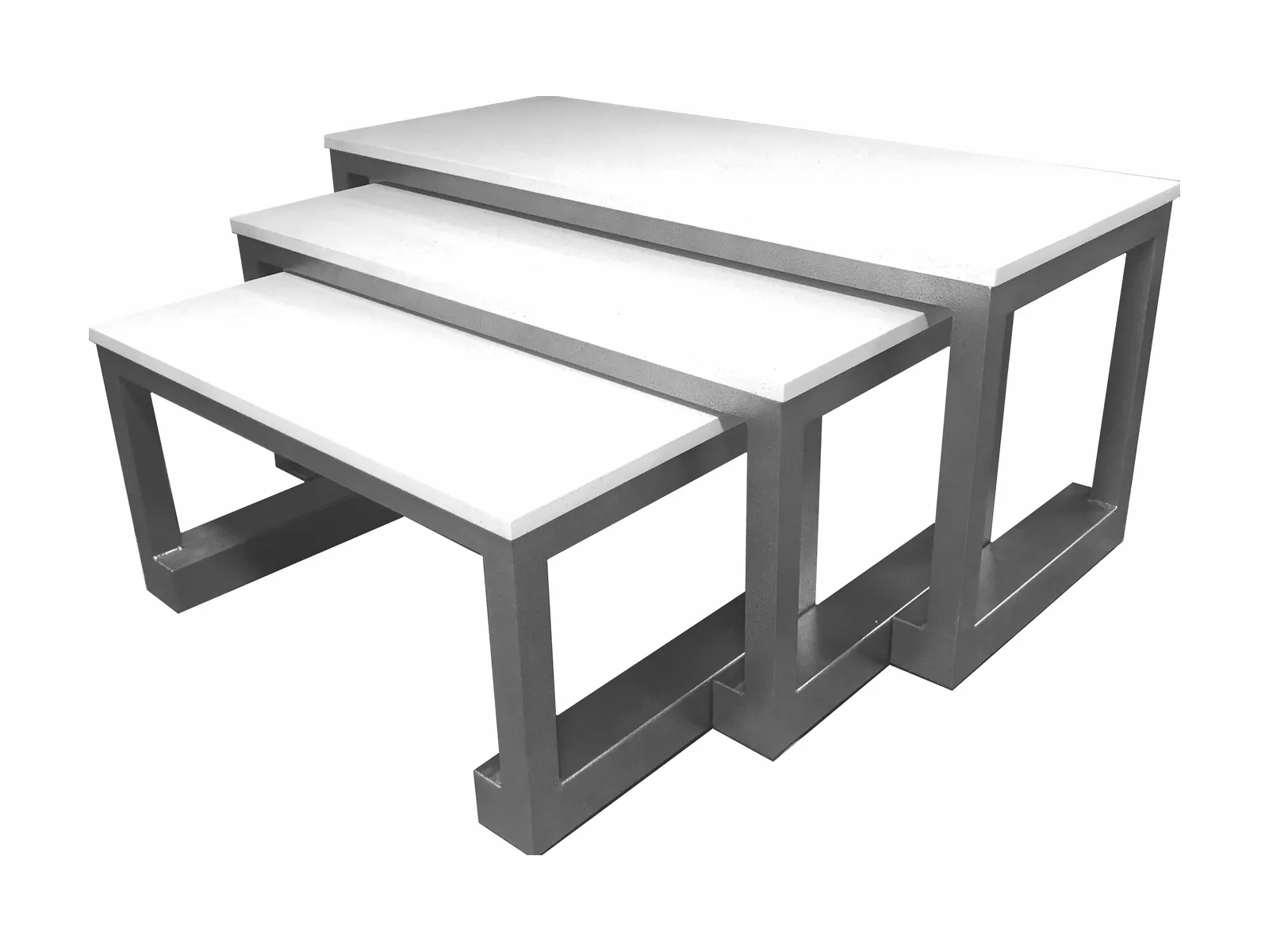 Set of three nesting display tables Set of three nesting display tables with white tops and silver frames