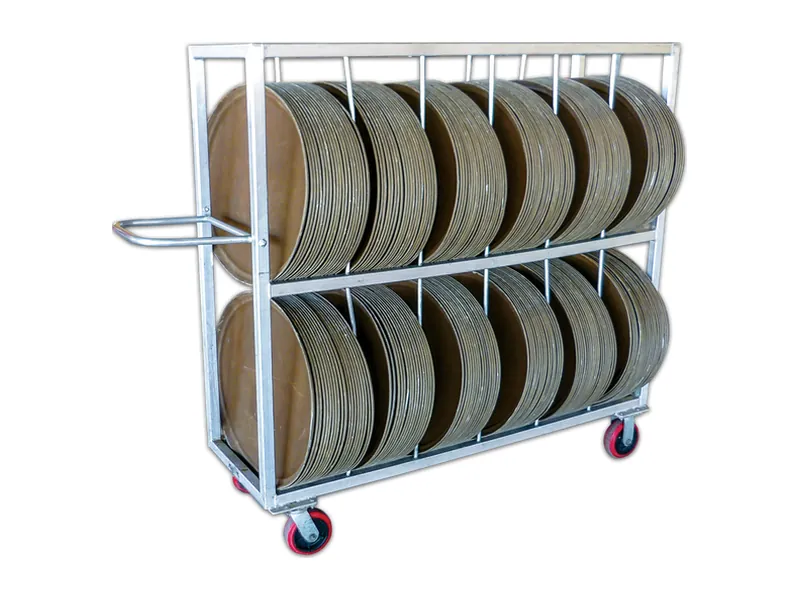 Mobile oval tray drying rack holding trays on two levels