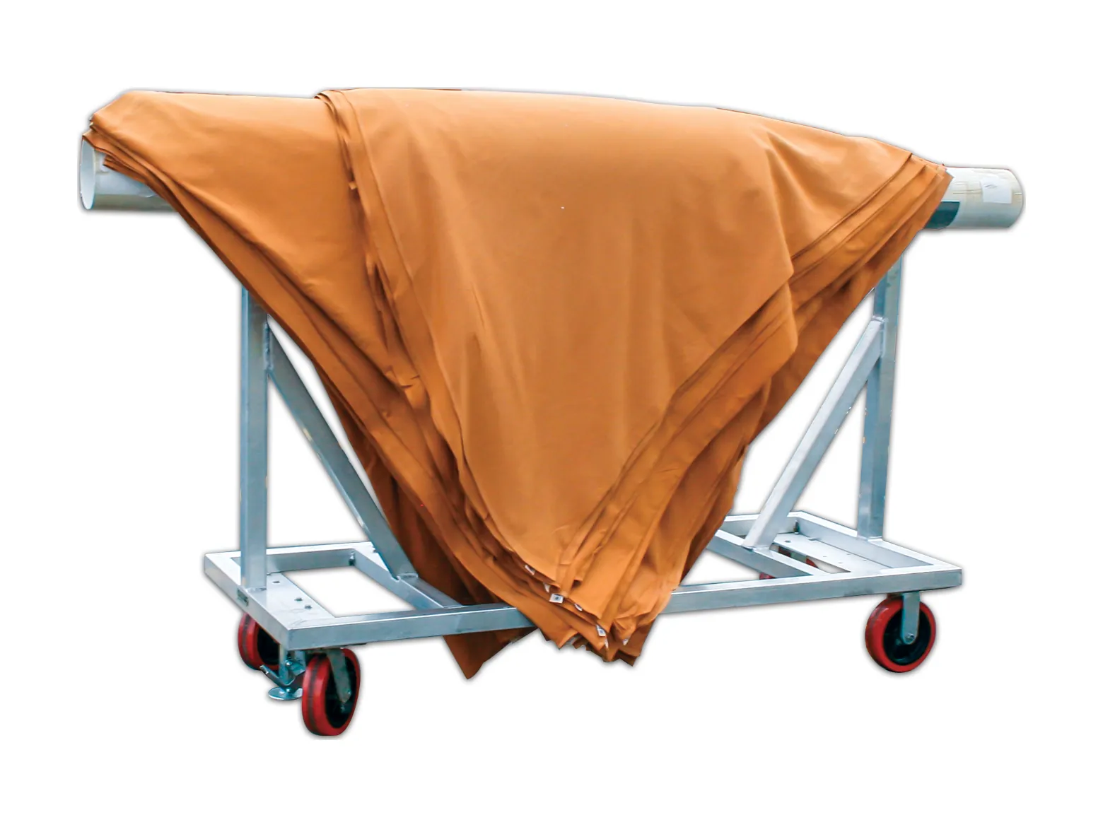 Linen cart with PVC rail holding a draped tablecloth