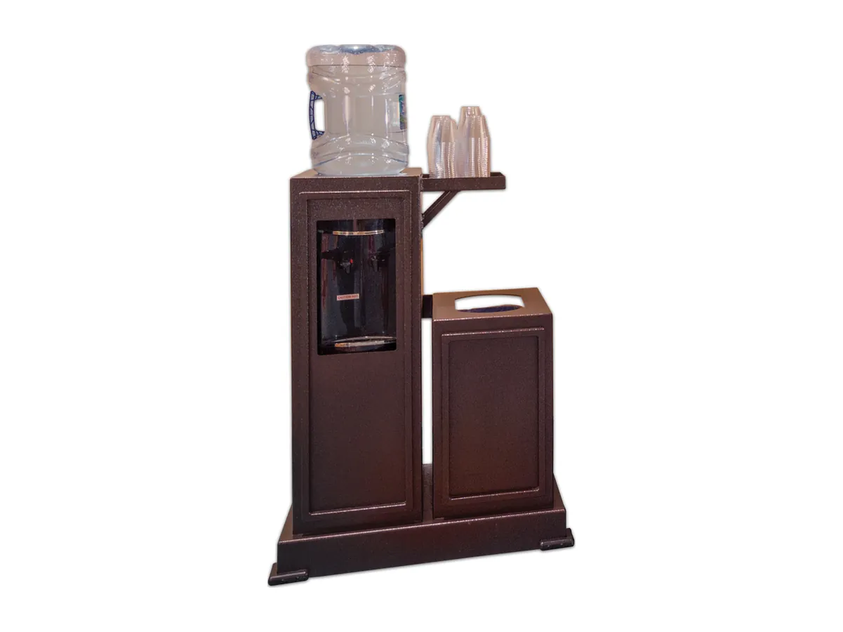 Mobile refresh station with water cooler cover, cup shelf and trash can cover