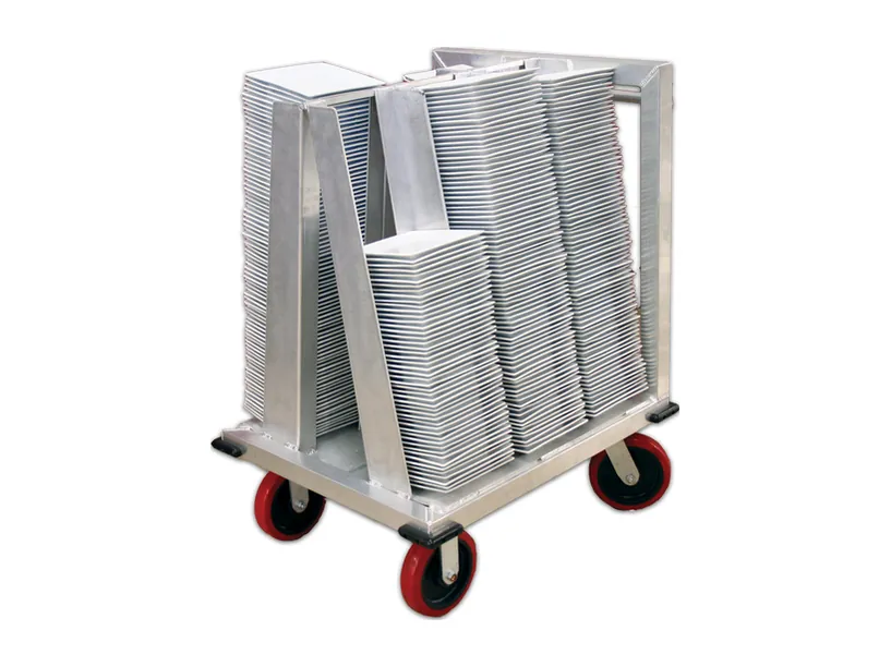Square china cart loaded with square plates