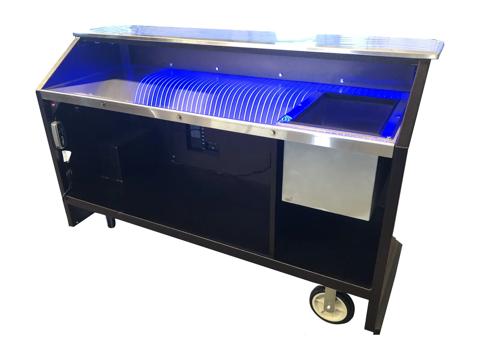 Bartender side of the TV mobile bar Bartender side of the TV mobile bar with stainless sink, work surface and LED-lit storage