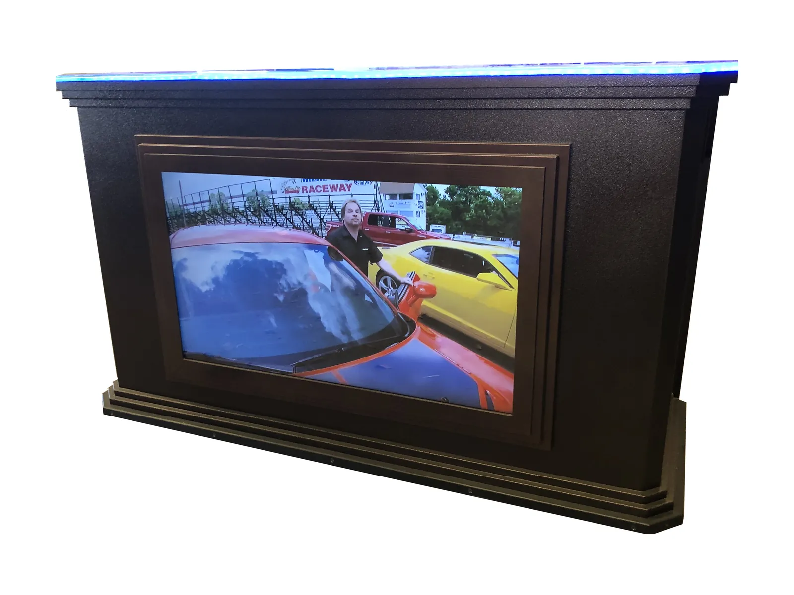 Mobile bar with built-in 50-inch TV, dark powder-coated cabinet and illuminated glass top